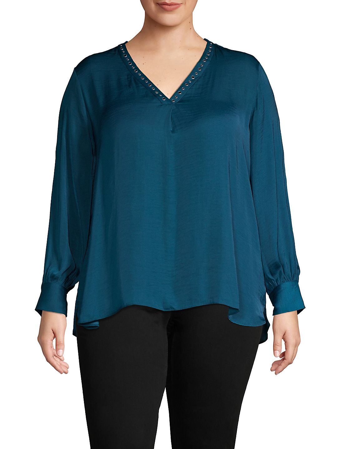 Vince Camuto Womens Plus Studded V-Neck Blouse Blue 3X